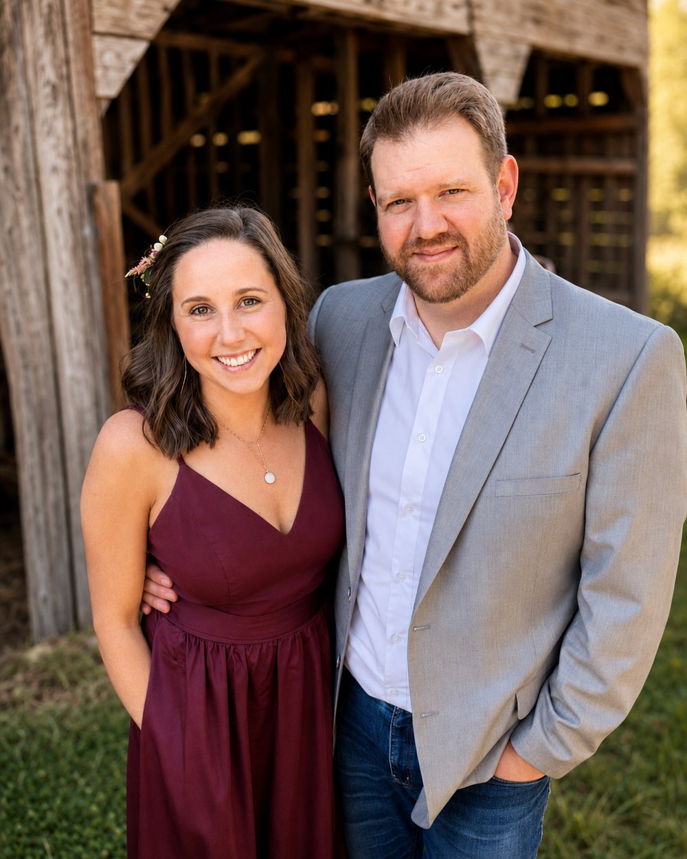 Aaron Delay and his wife standing together in front of a weathered barn