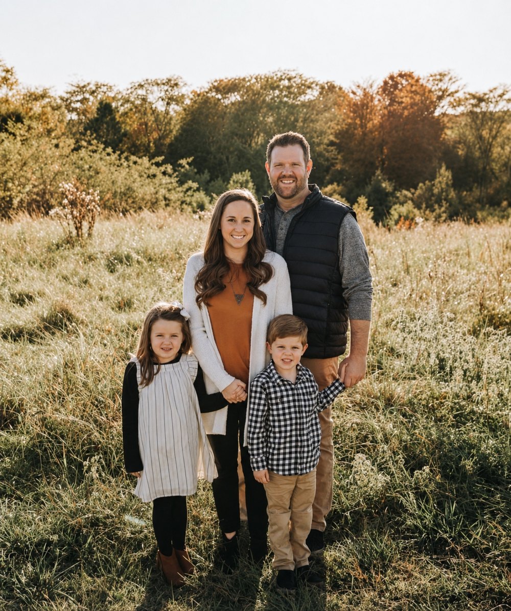 Aaron Delay with his wife and two children in a field at golden hour