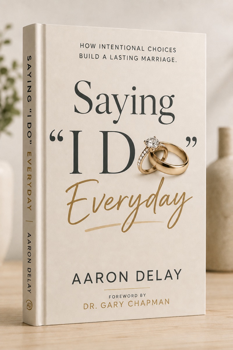 Saying “I Do” Everyday by Aaron Delay, foreword by Dr. Gary Chapman. Hardback cover standing on a wooden surface, subtitled How intentional choices build a lasting marriage.