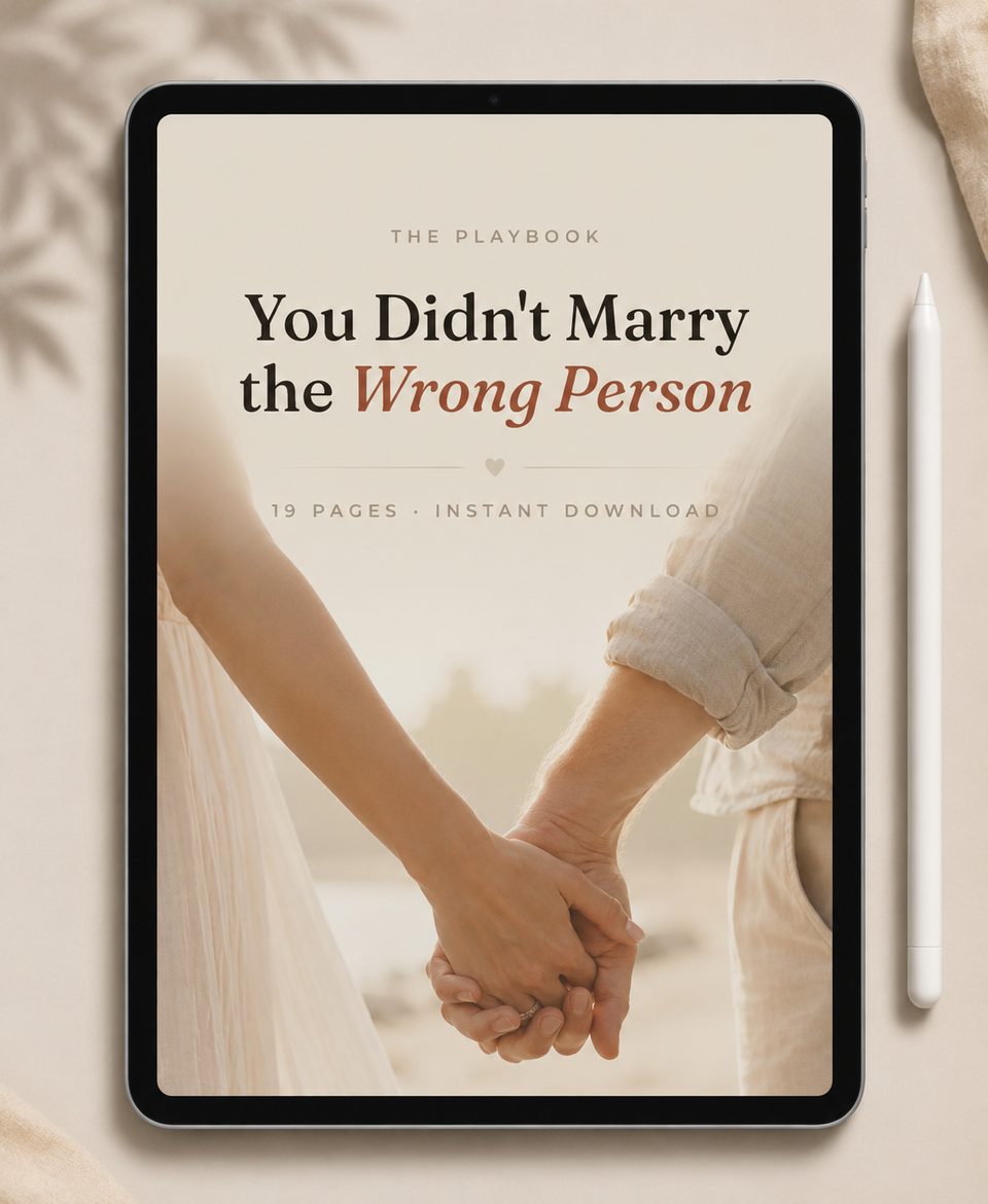 You Didn't Marry the Wrong Person shown on a tablet, the cover reading 19 pages, instant download, above a photograph of a couple holding hands.